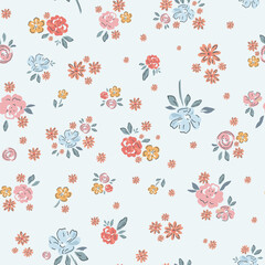 Delicate watercolor seamless pattern depicting pink, blue and orange wildflowers on a light background.
