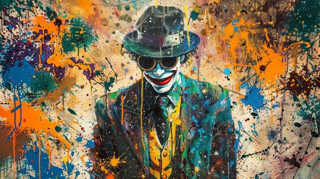 An exuberant painting captures a jester with a gleeful smile, his face a canvas of joy amidst a kaleidoscope of splattered colors, evoking the spirit of laughter and festivity.