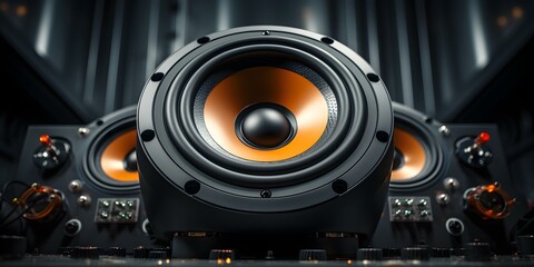 Macro shot of a speaker producing powerful roomfilling bass vibrations. Concept Close-up Photography, Speaker, Bass vibrations, Room-filling, Macro shot