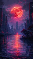 artwork captures a dystopian city under a massive crimson moon, with its mirrored reflection on the water creating a hauntingly beautiful juxtaposition of urban decay and natural splendor