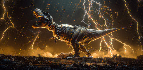 Lone Tyrannosaurus Rex stands tall amidst a raging lightning storm - obrazy, fototapety, plakaty