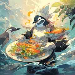 Aquatic feast creation Penguin in chef attire seasons a dish surrounded by curious fish undersea light filtering