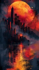 artwork captures a dystopian city under a massive crimson moon, with its mirrored reflection on the water creating a hauntingly beautiful juxtaposition of urban decay and natural splendor