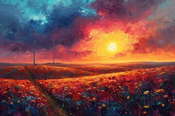 An artistic depiction of a grassland landscape with a field of vibrant flowers under a colorful sunset sky, creating a serene and beautiful atmosphere