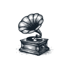 The Vintage of Gramophone . Black white vector illustration.