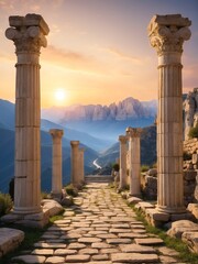 Naklejka premium Walkway with ancient roman columns at mountains at sunset from Generative AI