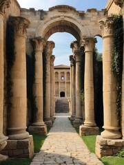 Fototapeta premium Walkway with ancient roman columns leading to a castle from Generative AI