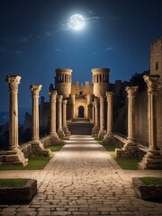 Fototapeta premium Walkway with ancient roman columns leading to a castle at night from Generative AI