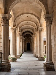 Walkway with ancient roman columns leading to a castle from Generative AI