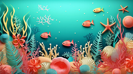 illustration of underwater with floral coral fish starfish
