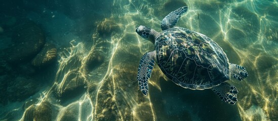 Naklejka premium A sea turtle gracefully glides through the liquid depths of the ocean, showcasing its beautiful electric blue shell. This mesmerizing event captures the essence of marine biology and wildlife science.