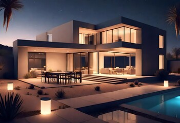 A house at desert landscaping at night time, Outdoor seating. AI generated