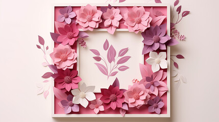 mother's day card with square frame beautiful paper cut style with pink flowers