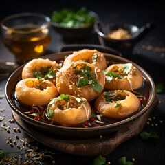 Pani Puri or panipuri, Golgappe or gol gappe, Chat item, India, Delicious favorite north and south indian street food pani puri gol gappa with tamarind water served in white Bowl, Generative Ai  - obrazy, fototapety, plakaty