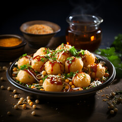 Pani Puri or panipuri, Golgappe or gol gappe, Chat item, India, Delicious favorite north and south indian street food pani puri gol gappa with tamarind water served in white Bowl, Generative Ai  - obrazy, fototapety, plakaty