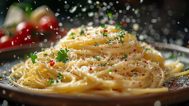 Cheese and pepper spaghetty with green garnish
