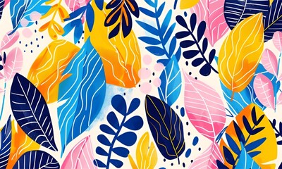 Fototapeta na wymiar Tropical fruit and leaves background, Abstract plant leaf art seamless pattern with colorful freehand doodle collage. Organic leaves cartoon background, simple nature shapes.
