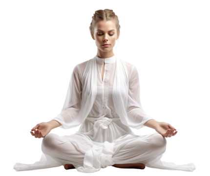 Serene woman meditating in lotus position wearing white, cut out