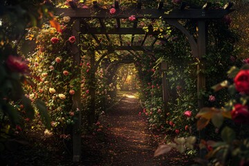 a path through a garden with roses growing on it