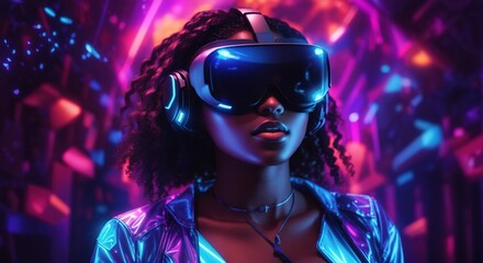 Black woman wearing a virtual reality headset in mystical world, glowing neon hologram background