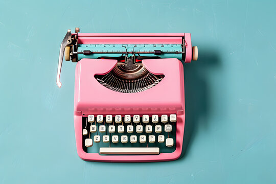 Vintage pink typewriter on blue background with space for text.