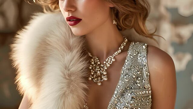 A shimmering silver sequin dress with a matching fur stole and delicate pearl accessories reminiscent of old Hollywood glamour.