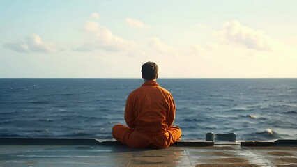 A quiet moment of introspection for a sailor sitting on the edge of the ship and watching the endless expanse of ocean before them.