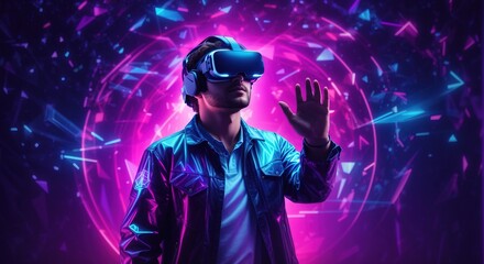 Western man wearing a virtual reality headset in mystical world, glowing neon hologram background