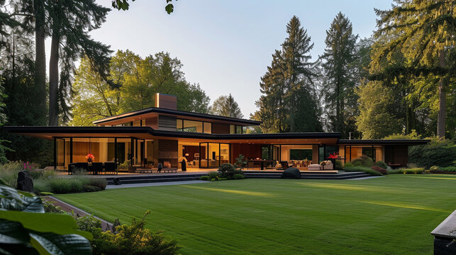 A stylish home surrounded by a well-manicured lawn and tall trees, the exterior design emphasizing a seamless connection between the living space and the tranquil nature outside.