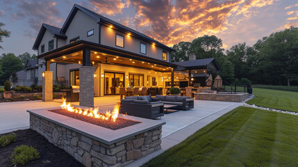 A suburban oasis with an AI-managed outdoor entertainment area, ambient lighting, and climate control, perfect for hosting gatherings and relaxing evenings. - obrazy, fototapety, plakaty