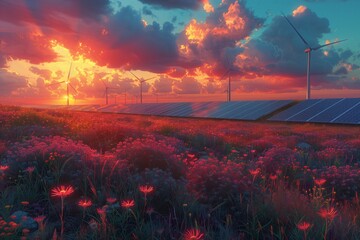 A natural landscape with fields of flowers, windmills, and solar panels under the colorful afterglow of the sunset sky, with clouds scattered across the atmosphere - obrazy, fototapety, plakaty