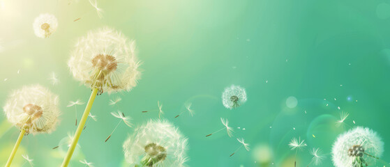 White dandelions dispersing seeds on a vibrant green background.