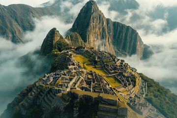 Machu Picchu Inca ancient civilization ruins in Peru, aerial view scenic picturesque - obrazy, fototapety, plakaty
