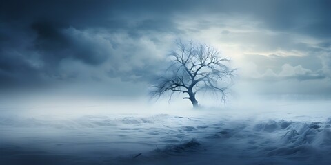 An eerie winter scene with snowcovered landscape hinting at impending storm. Concept Winter Photography, Stormy Weather, Snowy Landscapes, Eerie Atmosphere - obrazy, fototapety, plakaty