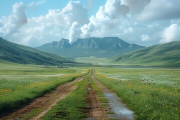 A natural landscape with a dirt road winding through a grassy field in a highland ecoregion, framed by majestic mountains under a clear sky with fluffy clouds - obrazy, fototapety, plakaty