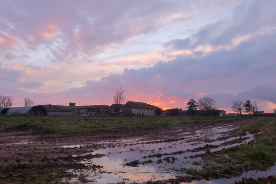 Sunset Po Valley valley farm landscape panorama