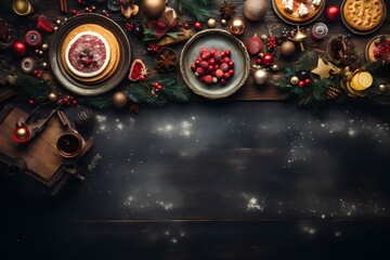 High-resolution aerial shot of a festive scene, adorned with enchanting decorations, offering an ideal background with strategic space for text.