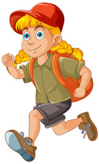 Cartoon girl running with a backpack and cap.