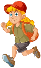 Fototapete Kinder Cartoon girl running with a backpack and cap.