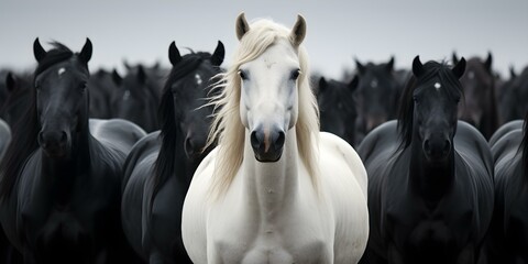 White horse stands out amongst a group of black horses outdoors. Concept Animal Photography, Unique Moments, Contrast, Nature Scenes, Outdoor Beauty