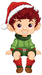 Cartoon elf with a red Santa hat smiling.