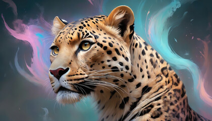 Fantasy Illustration of a wild animal leopard. Digital art style wallpaper background in pastel colors. - obrazy, fototapety, plakaty