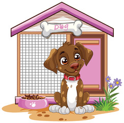 A cheerful puppy sitting by its kennel and food bowl.