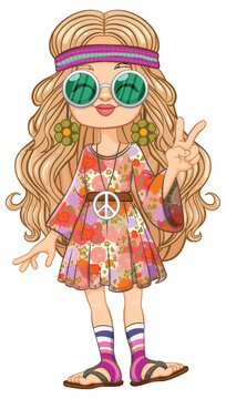 Cartoon of a girl dressed in colorful hippie attire.