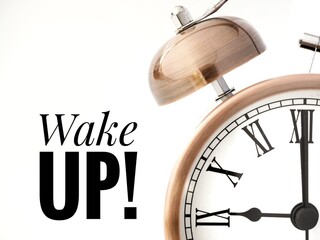 Wake up background with text and bell alarm clock at 9am