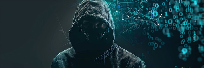 Cybersecurity concept with hooded anonymous hacker using laptop to access secure personal data  - obrazy, fototapety, plakaty