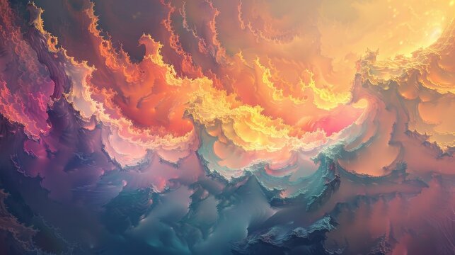Explore the vibrant dance of particles in an abstract universe, where colors and textures collide to form breathtaking digital landscapes