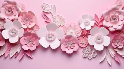 pink background with women's day pink paper craft spring flower banner