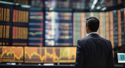 Businessman in stock market screens