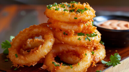 A tempting tower of onion rings, piled high and served with a side of spicy sriracha mayo for dipping.